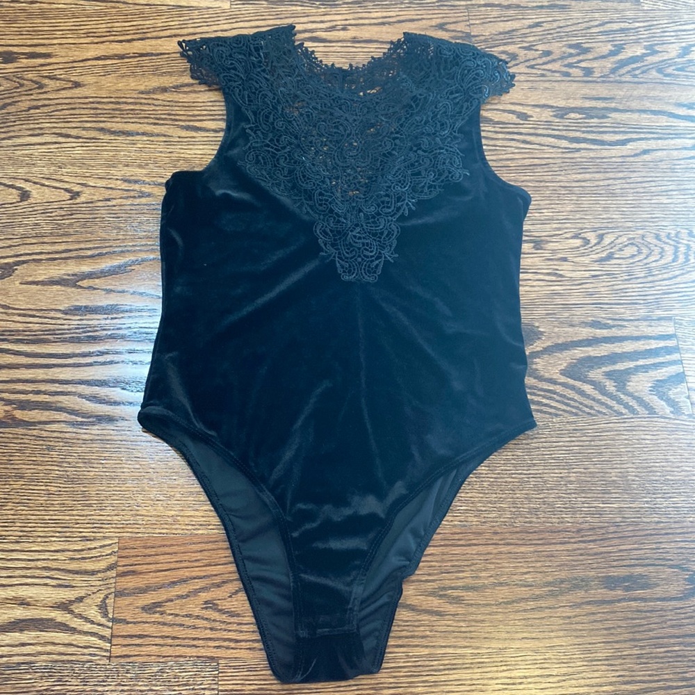Top Shop Velvet and Crochet Bodysuit